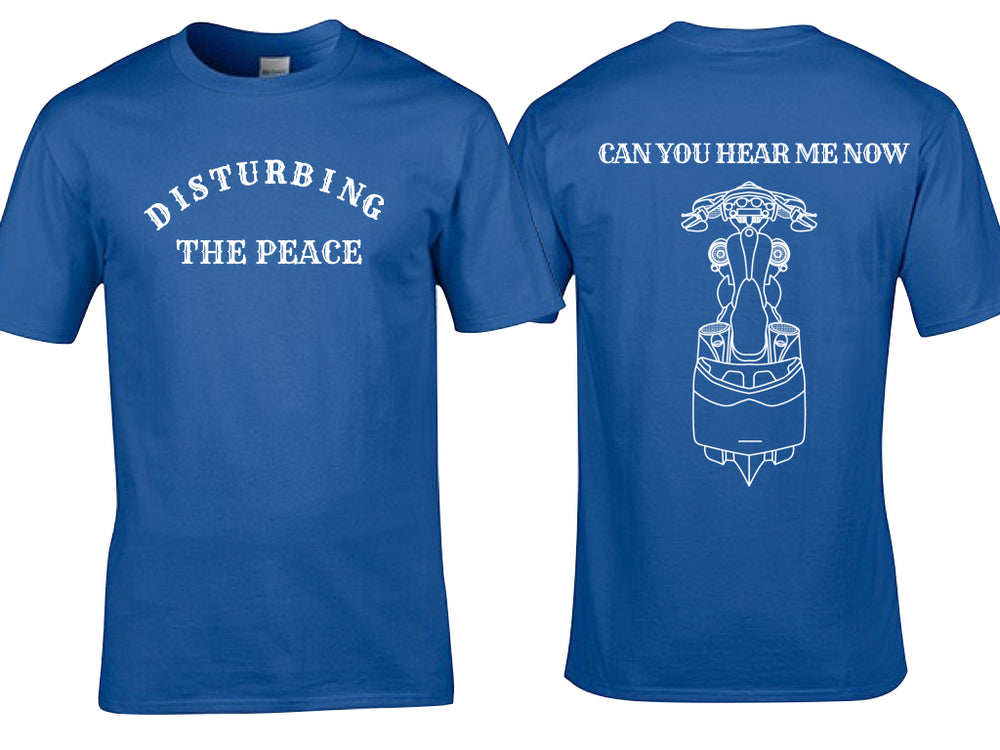 Front and back view of the blue Disturbing the Peace T-Shirt. 