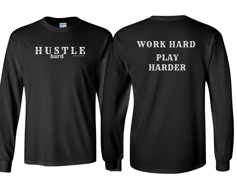 Front and back view of the Hustle Hard Long-Sleeve Shirt. 