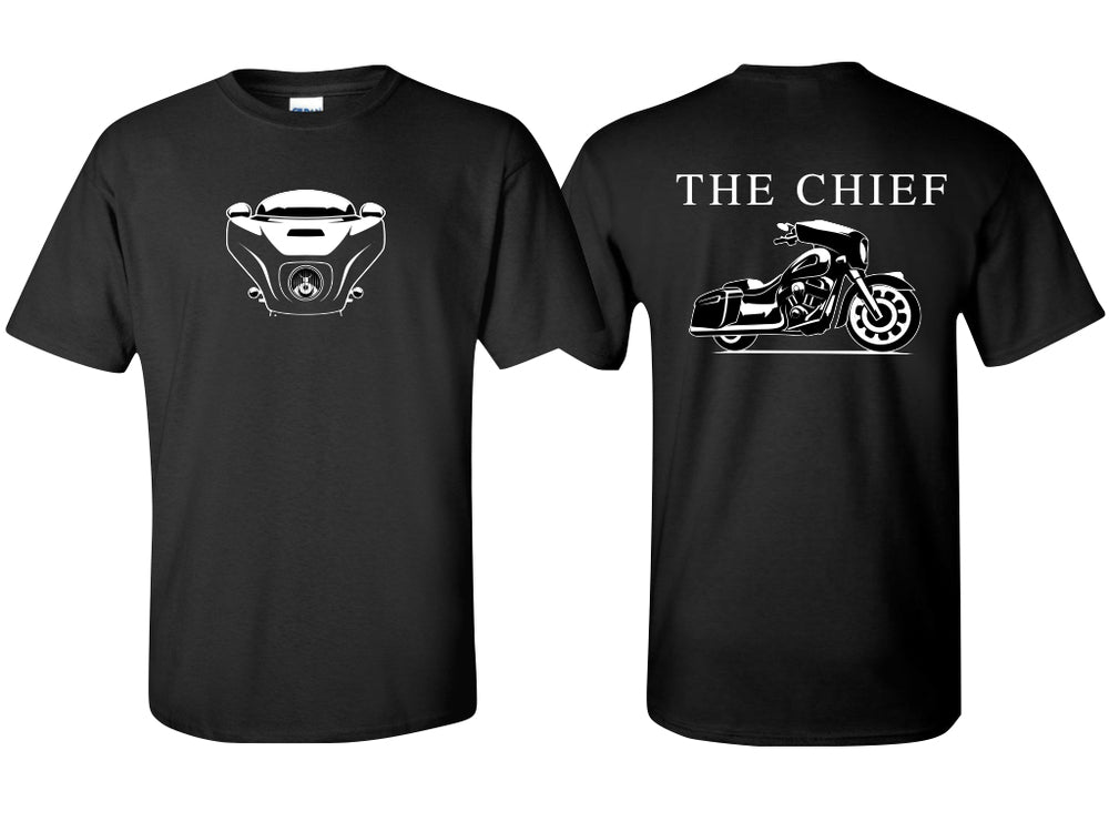 Front and back view of a black, short-sleeve Chief T-Shirt. 