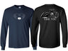 Front and back view of long-sleeved biker shirts, one black and one blue. 