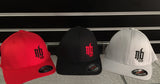Front view of three different-colored biker hats. 
