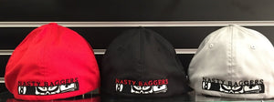 Front view of three different-colored biker hats. 