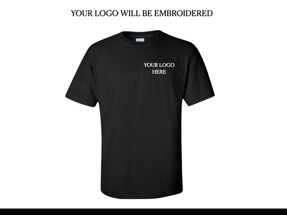 Black t-shirt with text on the chest that says “Your Logo Here”.