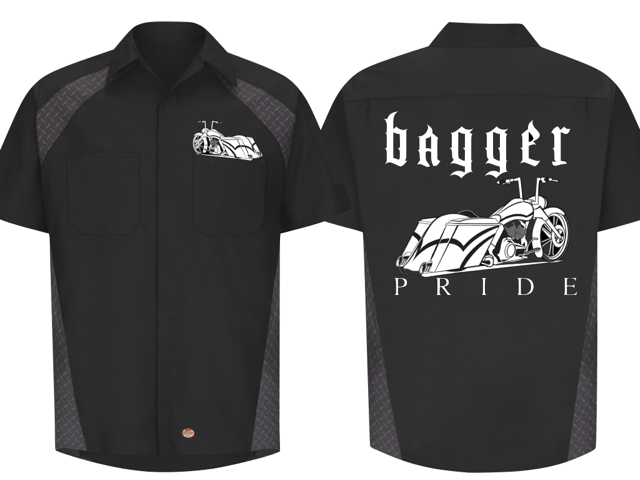 Front and back of a black and gray Bagger Pride Shirt. 