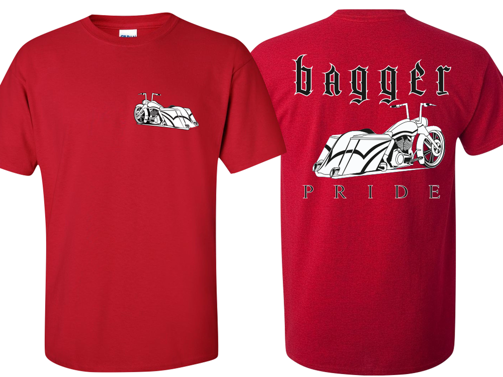 Front and back view of a red Bagger Pride shirt. 
