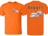 Front and back view of an orange Bagger Pride shirt. 