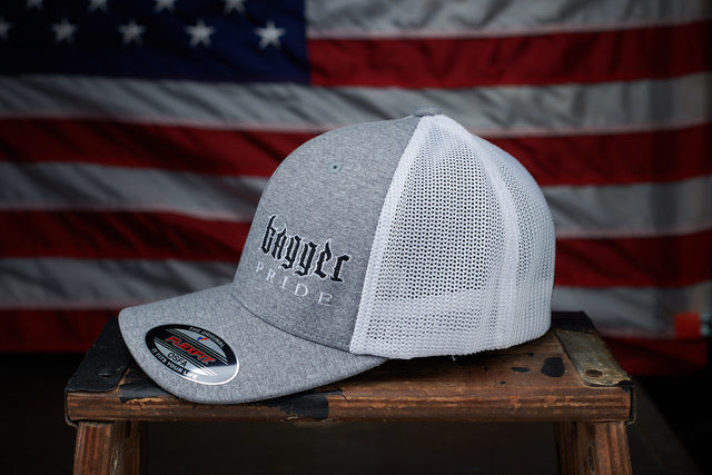 Gray and white bagger pride trucker hat