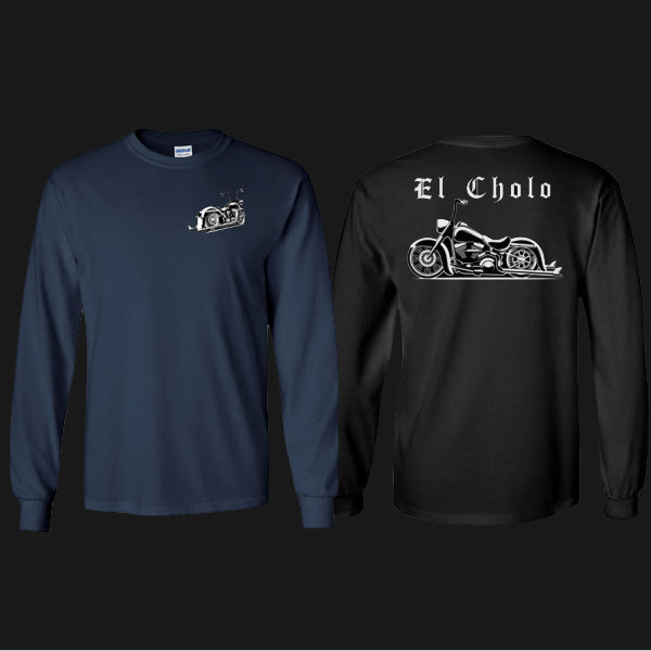 Two long-sleeve motorcycle shirts, one navy, and one black.