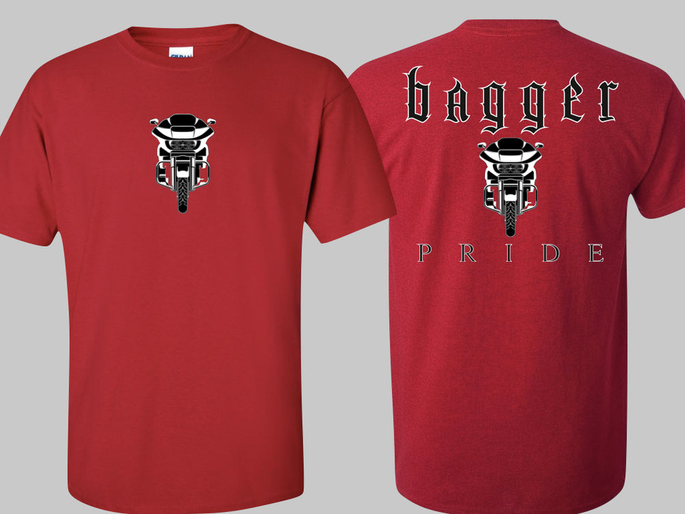 Front and back views of a red short-sleeve biker shirt. 