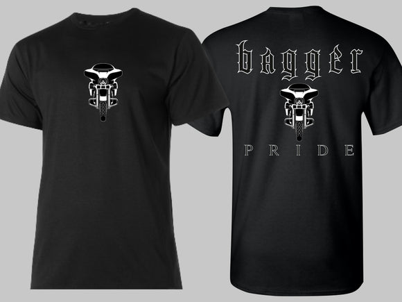 Front and back view of the long-sleeve New Bagger Pride T-Shirt. 