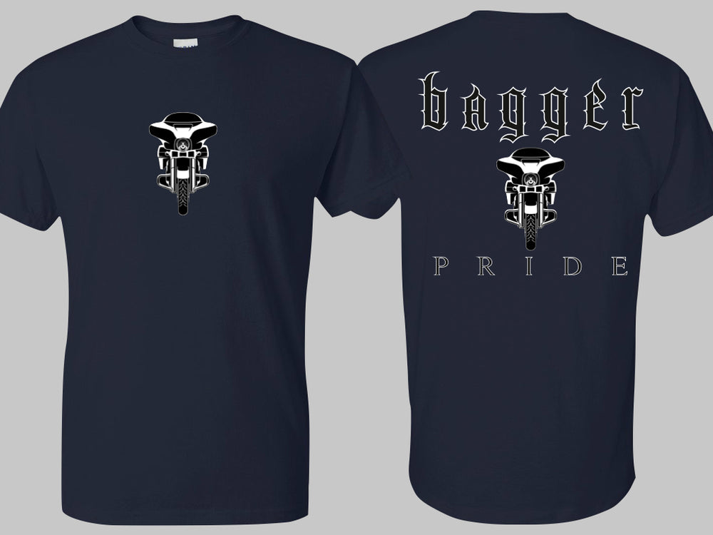 Front and back side of the blue short-sleeve New Bagger Pride T-Shirt. 