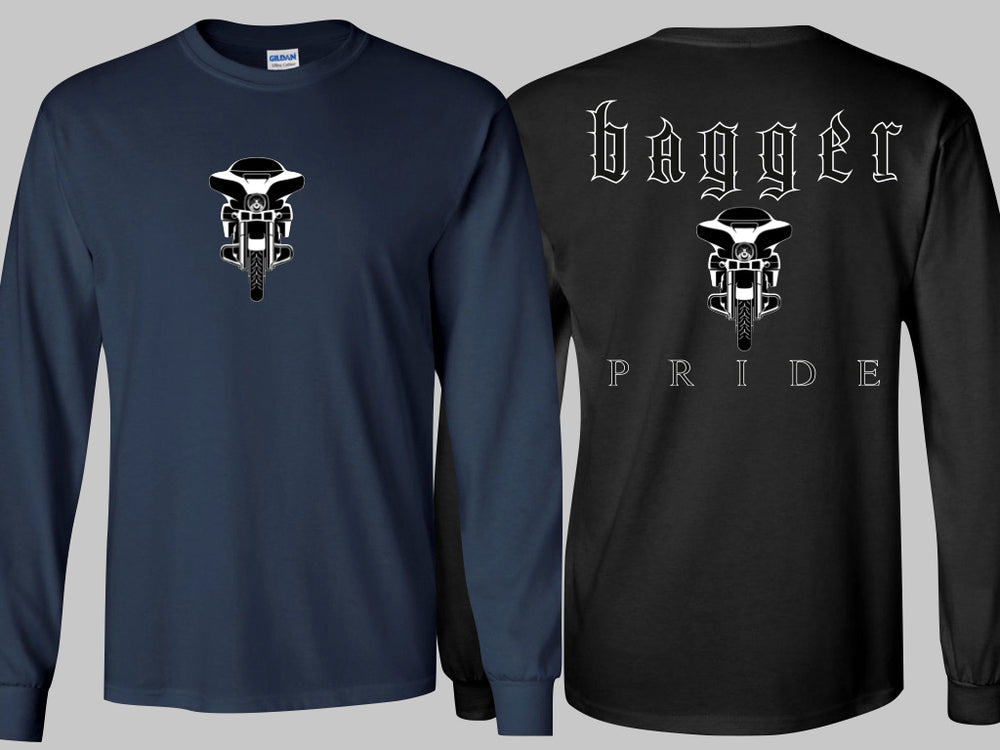 Front and back side of the black short-sleeve New Bagger Pride T-Shirt. 