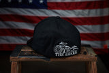 Backside of black hat with motorcycle design 