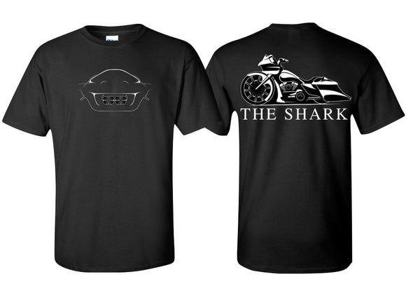 Front and back view of a black Shark T-shirt. 