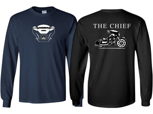 Front and back view of a black, short-sleeve Chief T-Shirt. 
