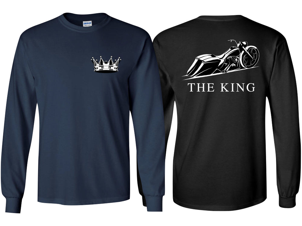 One blue and one black long-sleeved King T-Shirt.