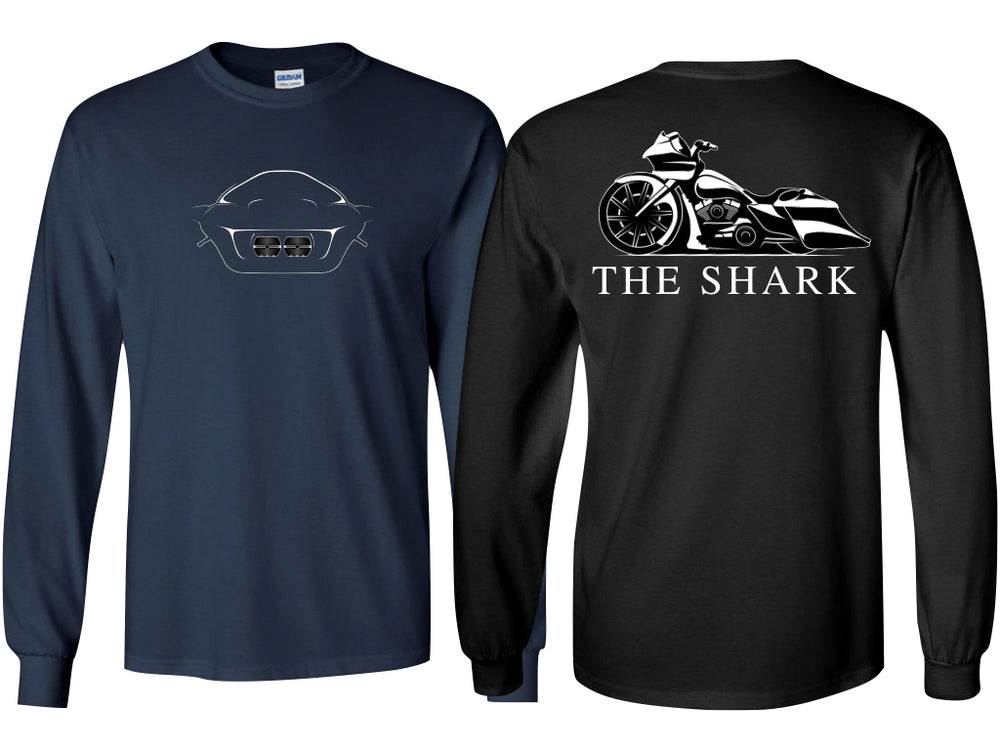 Two long-sleeve Shark shirts, one black and one navy blue. 