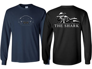Front and back view of a black Shark T-shirt. 
