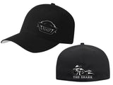 Front and backside of black hat with designs 